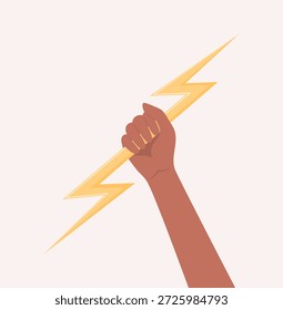 Dark-skinned hand holding up a yellow lightning bolt, flat vector illustration