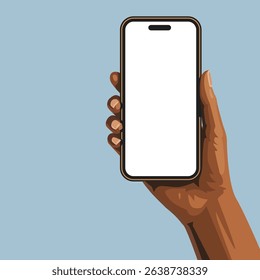 A dark-skinned hand holds a smartphone with a blank white screen.