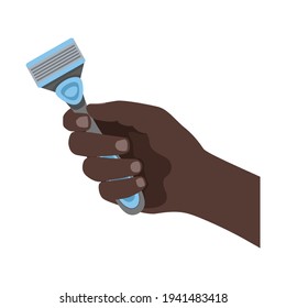 A dark-skinned hand with a razor. Hygiene and shaving. Vector illustration isolated on a white background for design and web.