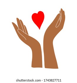Dark-skinned hands hold the heart.Two palms.Flat illustration.Love and happiness.Valentine's day.Day of lovers.Wedding.Vector illustration