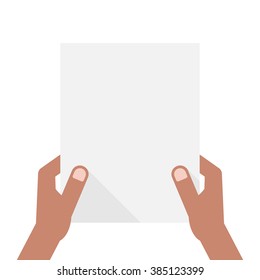 dark-skinned hands holding sheet of paper. concept of notice, invitation, headline, a4, check list, note, showing, ui, test. flat style trend modern design vector illustration on white background