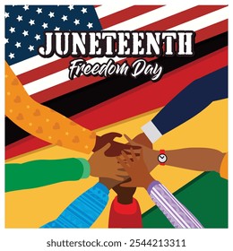 Manos de piel oscura entrelazadas contra el telón de fondo de las banderas estadounidense y panafricana. Celebrando la independencia negra en África. Concepto Juneteenth. Ilustración vectorial plana.