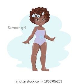 Dark-skinned little girl in a swimsuit. African American girl in a swimsuit. Vector illustration