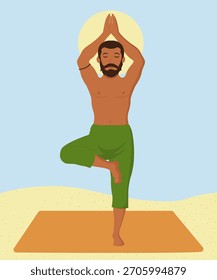 A dark-skinned man with a beard stands in the Tree Pose in yoga - Vrksasana, desert, yoga mat, sand, sun, sky