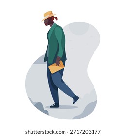 Um homem de pele escura, carregando um notebook gráfico Illustrator