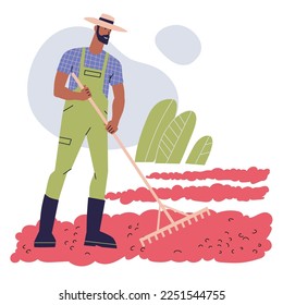A dark-skinned man dries coffee beans. A farmer rakes ripe coffee cherries. Production and cultivation of coffee. Flat vector isolated on white background.