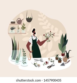 Dark-skinned man enjoying gardening and floristics. Floral boutique design, man merchandising and displays plants in a store, successful small business. Colorful vector illustration in flat cartoon 