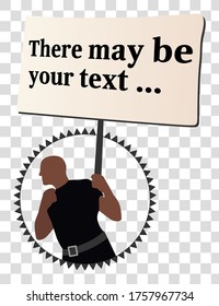 A dark-skinned man holds a poster in his hand and holds a rally (meeting), there is a frame around him.