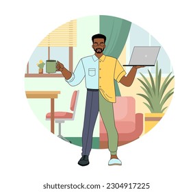 A dark-skinned man in hybrid clothes, a formal suit and home clothes with a laptop in his hands against the backdrop of a working office and a homely cozy atmosphere. Vector illustration