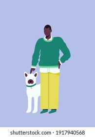 A dark-skinned man stands next to his dog. The character is walking a pet. Bright vector illustration in a trendy style.