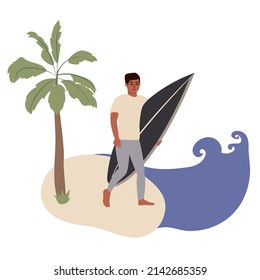 dark-skinned man with a surfboard in his hands stands on the beach next to the sea. isolated vector illustration.