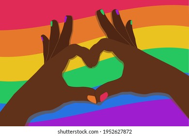 The dark-skinned man's hand makes a heart gesture against the background of a rainbow flag. Gay pride symbol, LGBT concept. Design of postcard, illustration, print, banner.