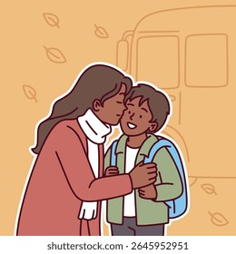 Dark-skinned mother hugs child before school on chilly autumn morning sharing emotional and supportive moment together