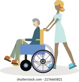 a dark-skinned nurse and a wheelchair grandfather