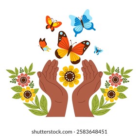 Dark-skinned palms of hands with flowers and leaves release colorful butterflies. Butterfly symbolizing freedom, transformation and connection with nature, blooming season. Vector illustration