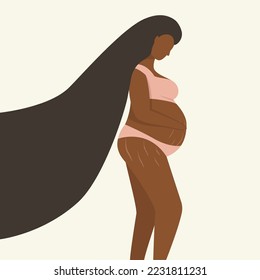 Dark-skinned pregnant woman in a bathing suit. Body positive. Stretch marks in a pregnant woman. Flat style