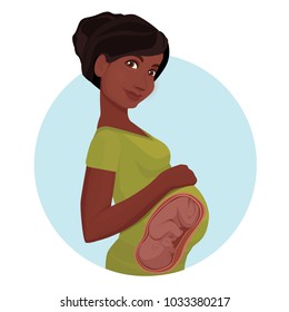 Dark-skinned pregnant woman. Embryo in the abdomen