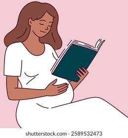  A dark-skinned pregnant woman sitting and reading a book with a calm expression, symbolizing relaxation, learning, and preparation for motherhood.