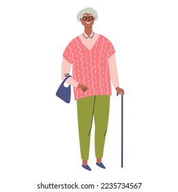 Dark-skinned senior woman with bag and stick. Cute grandmother in glasses, with short gray hair. Elderly woman on a walk. Grandma isolated in flat style. Vector illustration.