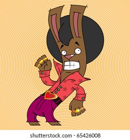 dark-skinned, smiling bunny with a round black hair in a pink shirt and purple pants dancing to the music in the disco