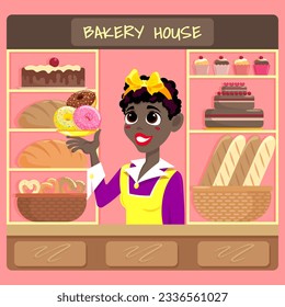 Dark-skinned smiling girl baker at the counter of a bakery with colorful donuts in her hand