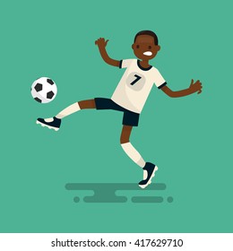 Dark-skinned soccer player scores a goal. Vector illustration