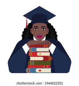 a dark-skinned student girl with books, in a student's gown and a master's cap. young graduate of college, academy after exams. flat illustration in cartoon style. stock vector illustration. EPS 10.