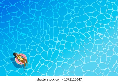 Dark-skinned, swarthy woman in a yellow swimsuit and sunglasseson an inflatable circle in the form of a donut swims in the sea or pool. View from above. Flat vector illustration. Minimalism.