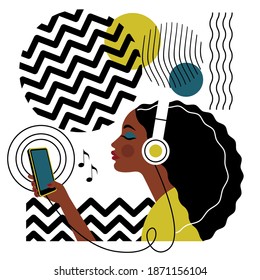 dark-skinned teenage girl with headphones listens to music online. 
Memphis-style collage of geometric shapes. stock vector illustration. EPS 10.