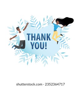 Dark-skinned, vector, grateful people jump for joy, happiness on background of large thank you. Feedback, good, positive comment for successful business. Friends like and support.