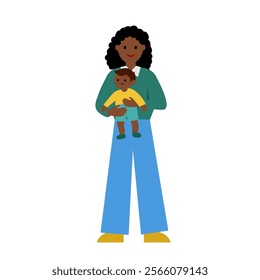 Dark-skinned woman with a dark-skinned baby. Vector simple color flat illustration.