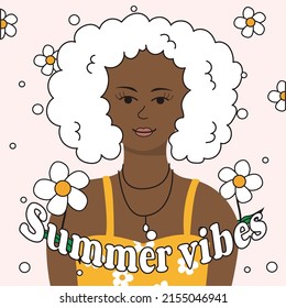 dark-skinned woman with brown hair on a background of flowers and summer vibes text. Vector concept of bright colors for summer.