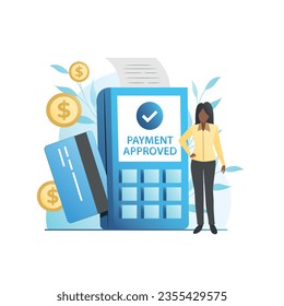 Dark-skinned woman contactlessly pays for purchases with credit, debit card in pos device, terminal with check, receipt. Vector girl and successful, approved bank transaction, operation, transfer.