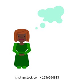 A dark-skinned woman with curly hair in a green dress with sleeves and a belt thinks about something