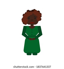 A dark-skinned woman with curly hair in a green dress with a belt smiles
