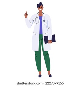 Dark-skinned woman doctor shows index fingers up. The doctor gives advice, teaches, demonstrates. Smiling character in white coat with stethoscope isolated on white background. Vector.