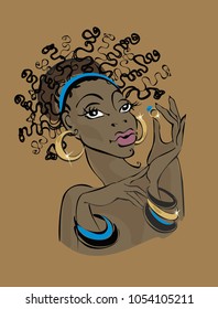 Dark-skinned woman in gold jewelry. Dark-skinned model shows jewelry. Holds a gold ring in his hand. Turquoise. Beauty industry. Fashion model. African, Brazilian, African-American. Vector.