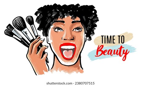 Dark-skinned woman holds makeup brush. Girl face