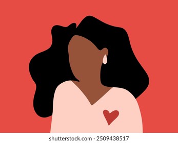 Mujer de piel oscura con el pelo largo sobre fondo rojo. Belleza y moda. Ilustración vectorial