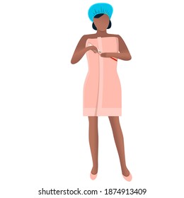 A dark-skinned woman prepares to brush her teeth after a morning or evening shower. The concept of a healthy lifestyle and taking care of your body. Graphic vector drawing of a girl in a towel