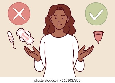 Dark-skinned woman presents menstrual hygiene advice showing check and cross symbols for menstrual cup, tampon, and pad