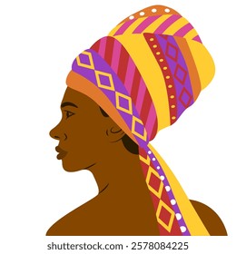 Dark-skinned woman in profile depicted to the shoulders. Hairstyle on dark curly hair. Scarf with national African pattern. Vector illustration isolated on white background.