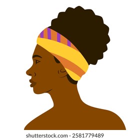 Dark-skinned woman in profile depicted to the shoulders. Hairstyle on dark curly hair. Scarf with national African pattern. Vector illustration isolated on white background.