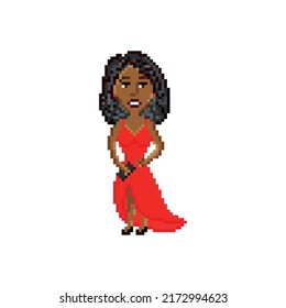 Dark-skinned woman in red evening dress isolated on white background. Pixel art design. 8 bit logo for game. Character vector illustration. eps 10