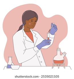 A dark-skinned woman scientist conducts an analysis in a laboratory. The concept of research and experiment in the field of chemistry, medicine, biotechnology