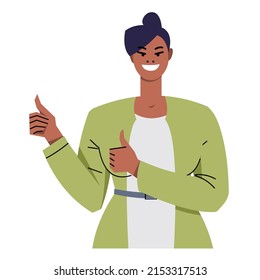 Dark-skinned woman shows thumbs up. Gesture of approval, cool, Ok. Business lady isolated on white background. The character is smiling. Flat style. Vector illustration.