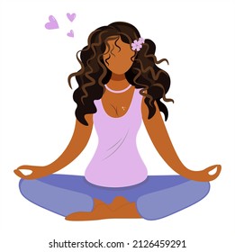 A dark-skinned woman sits in a lotus position, meditates. The girl is happy and feels great, radiating positive feminine energy and mental health. Yoga practice. Vector isolated in flat style.
