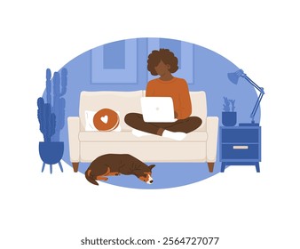 Dark-skinned woman sitting with laptop on sofa in living room. Dog sleeping on carpet. Cozy home office of freelancer. Online learning. Vector illustration isolated on transparent background.