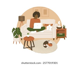 Dark-skinned woman sitting with laptop on sofa in living room. Dog sleeping on carpet. Cozy home office of freelancer. Online learning. Vector illustration isolated on transparent background.