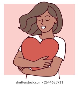 Dark-skinned woman smiling while hugging red heart, flat emotional portrait showing love, warmth and support